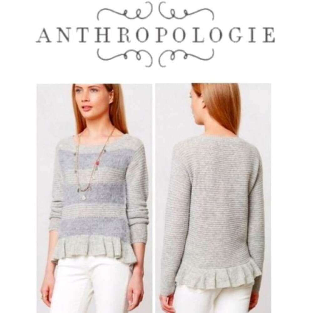 Vintage Anthropologie Sleeping On Snow Gray Ruffle Hem Whimsical Sweater